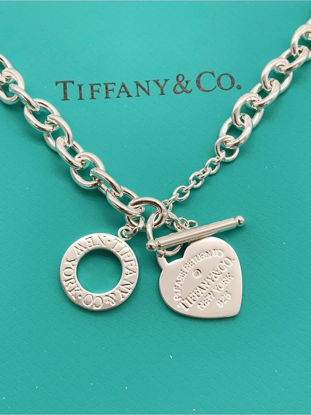 Tiffany & Co. Sterling Silver Heart and Ring Toggle Necklace on Aqua